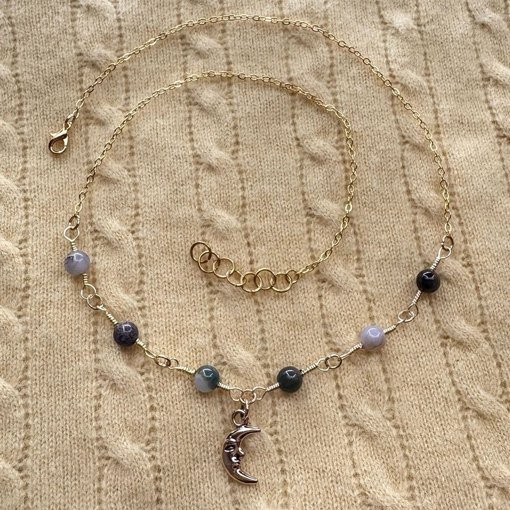 Gold Indian agate moon necklace
